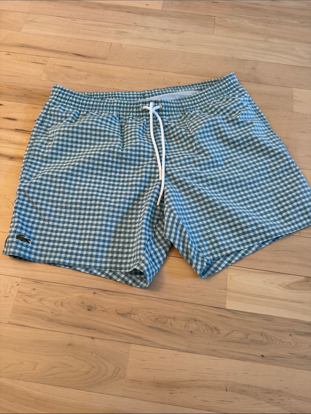 Lacoste Men's Gingham Seersucker Swim Trunks-L-Preppy-Beach-Shorts